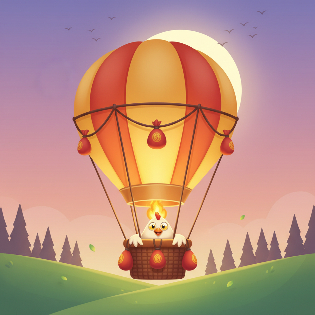 BalloniX Heißluftballon mit Hühner-Pilot im goldenen Korb, schwebend über grünen Hügeln in der Dämmerung – das Hauptmotiv des Crash-Spiels von InOut