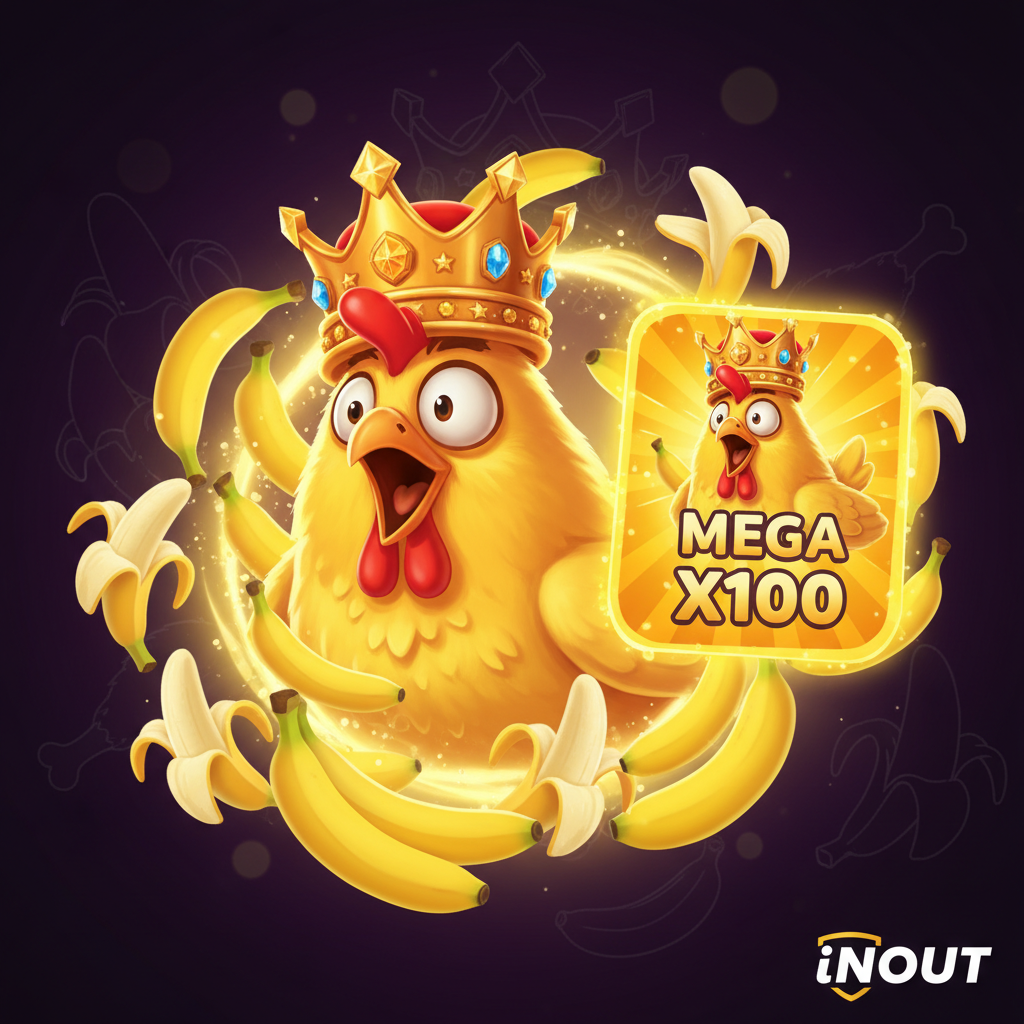 Chicken Banana Slot Hauptbild: Cartoon-Huhn mit goldener Krone umgeben von gelben Bananen, Mega Jackpot x1000 Symbol, InOut Gaming