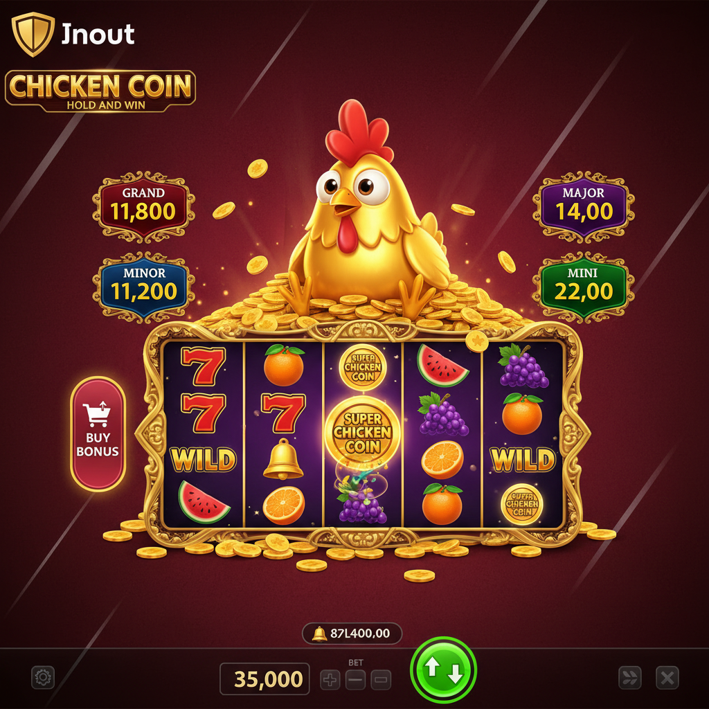 Chicken Coin Hold and Win Slot - Goldenes Hühner-Maskottchen sitzt auf Münzberg mit Super Chicken Coin Symbolen, Jackpot-Badges und 3x4 Spielraster im Hintergrund