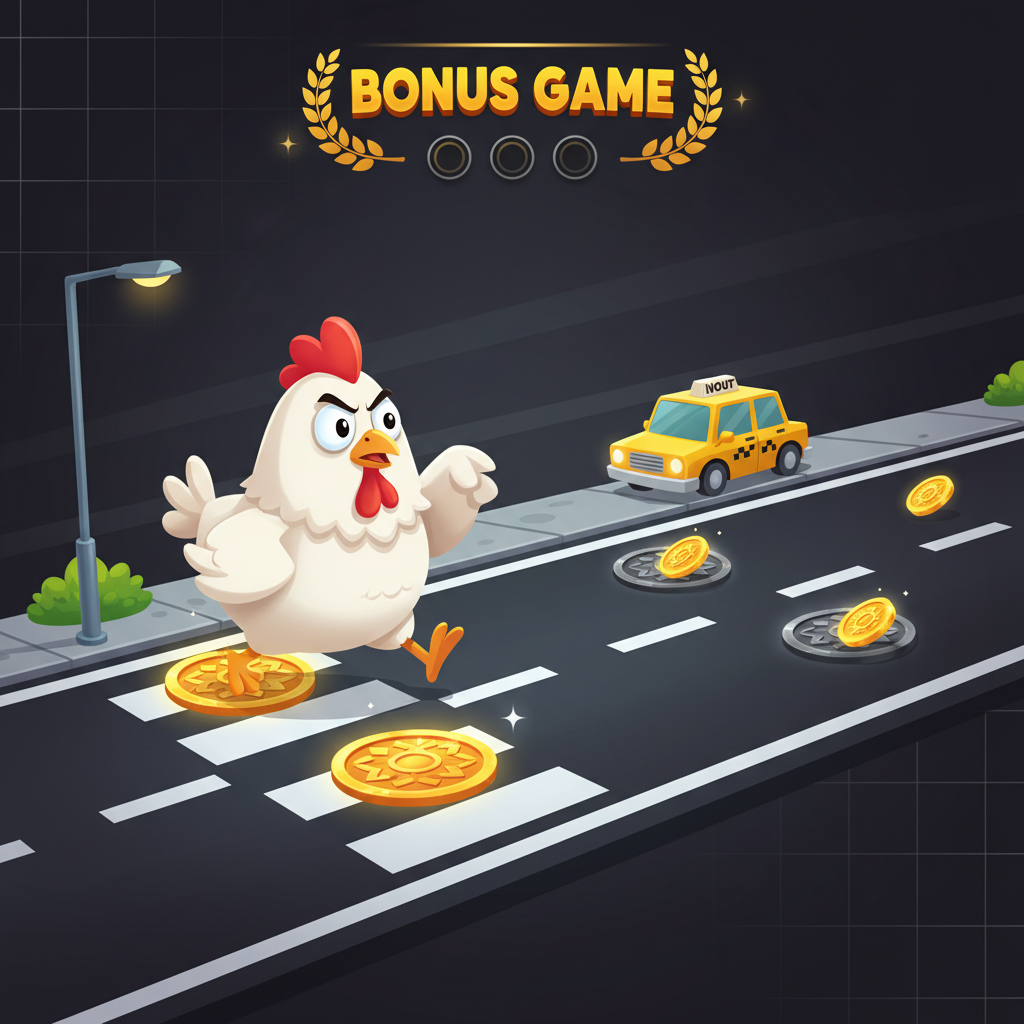 Chicken Road 2 Bonus slot game by InOut featuring cartoon white chicken with red comb crossing multi-lane road with multiplier manholes, cars, and golden bonus coins scattered across dark asphalt lanes