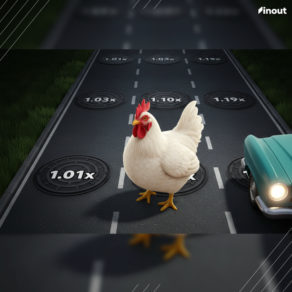 Chicken Road 2 Slot-Spiel Hauptbild: Weißes Huhn mit rotem Kamm überquert gefährliche Autobahn mit Multiplikator-Kanaldeckeln von 1.01x bis 1.19x, dunkle Straße mit weißen Fahrbahnmarkierungen