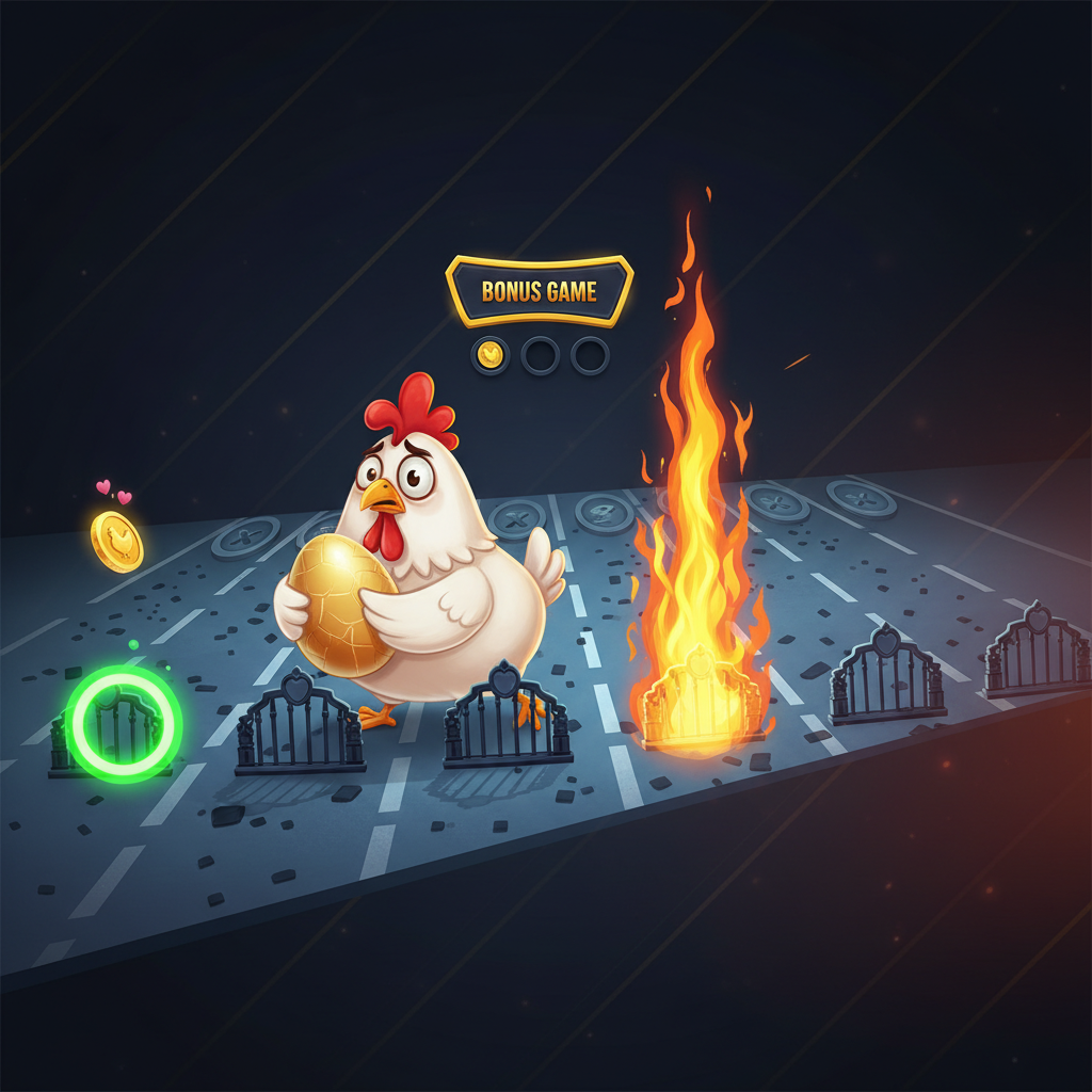 Chicken Road Bonus Slot Hauptcharakter - weißes Cartoon-Huhn mit rotem Kamm trägt goldenes Ei über gefährliche Straßenspuren mit Multiplikator-Kreisen und dramatischer Feueranimation