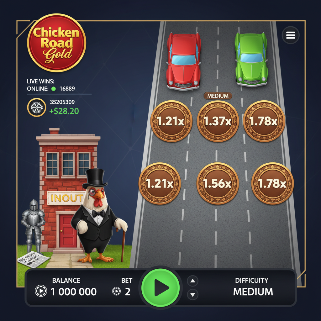 Chicken Road Gold Gentleman Huhn Maskottchen in schwarzem Anzug mit Zylinder und Monokel vor rotem INOUT Gebäude, Straße mit goldenen Multiplikator-Münzen und Fahrzeugen im Crash-Spiel
