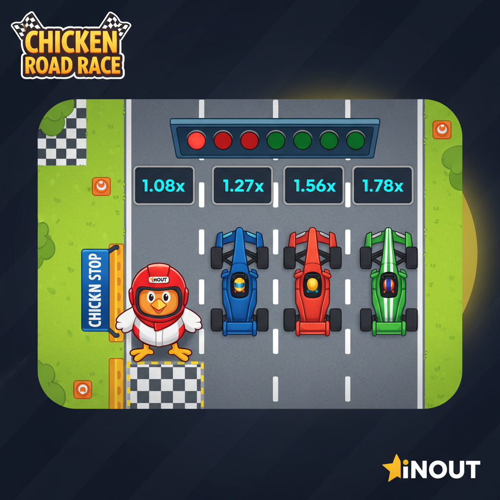 Chicken Road Race slot game featuring cartoon chicken in red racing helmet navigating top-down view of multi-lane highway with colorful Formula 1 racing cars, cyan multiplier displays, and traffic light system