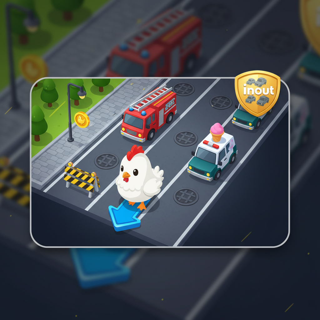 Chicken Road Slot von InOut: Cartoon-Huhn überquert mehrspurige Straße von oben betrachtet, umgeben von bunten Fahrzeugen wie Feuerwehrauto, Eiswagen und Polizeiauto, mit sichtbaren Multiplikatoren auf Kanaldeckeln und gelb-schwarzen Straßensperren