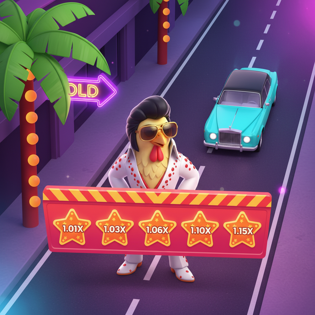 Chicken Road Vegas Slot – Elvis-Huhn in weißem Anzug mit Sonnenbrille überquert Vegas-Straße mit türkisfarbenen Luxusautos und orangenen Multiplikator-Sternen vor lila Neon-Kulisse