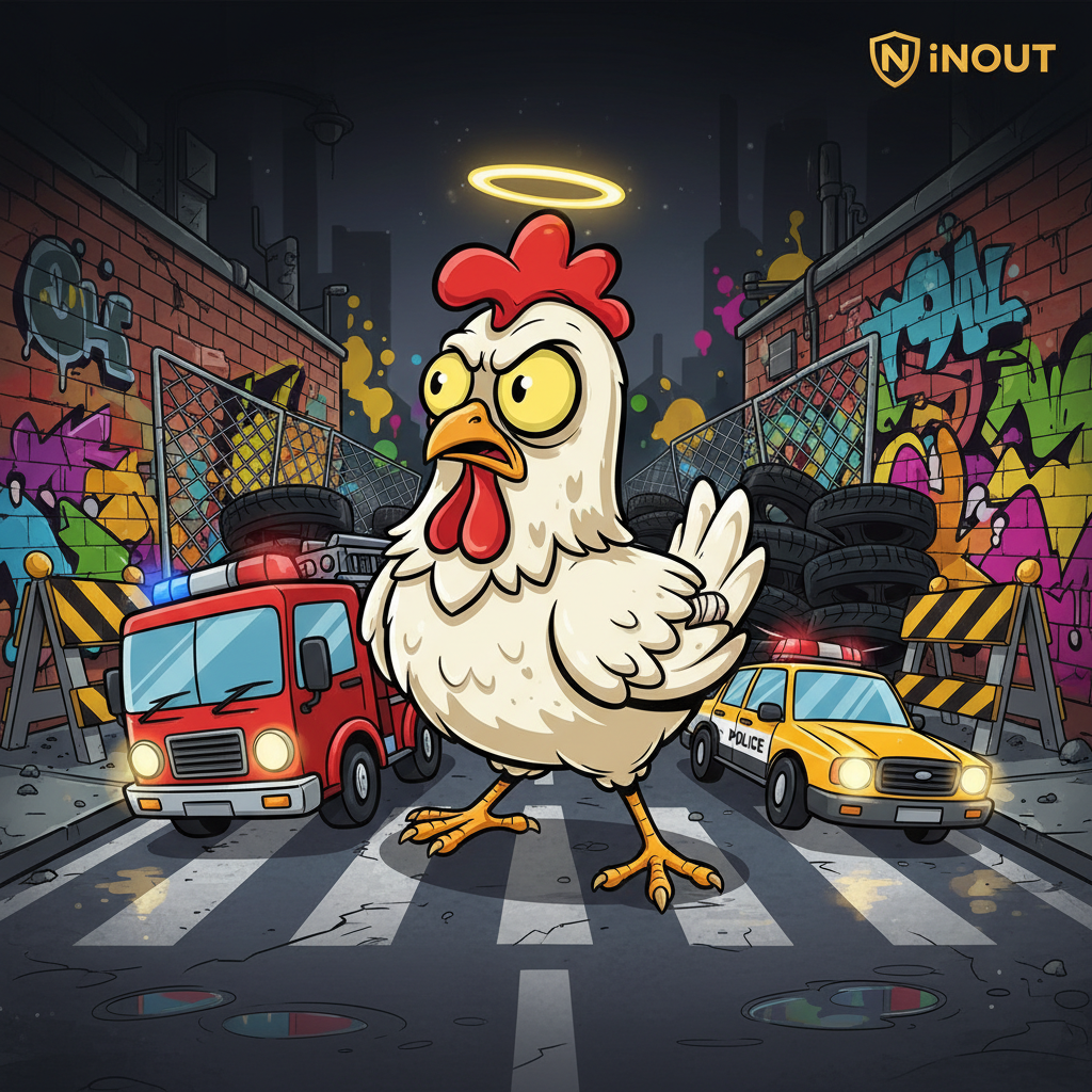 Chicken Royal Slot von InOut - Cartoon Huhn mit Heiligenschein überquert gefährliche Stadtstraße, umgeben von Graffiti-Kunst, Feuerwehrauto, Polizeiauto und Taxi-Symbolen im urbanen Street-Art-Stil