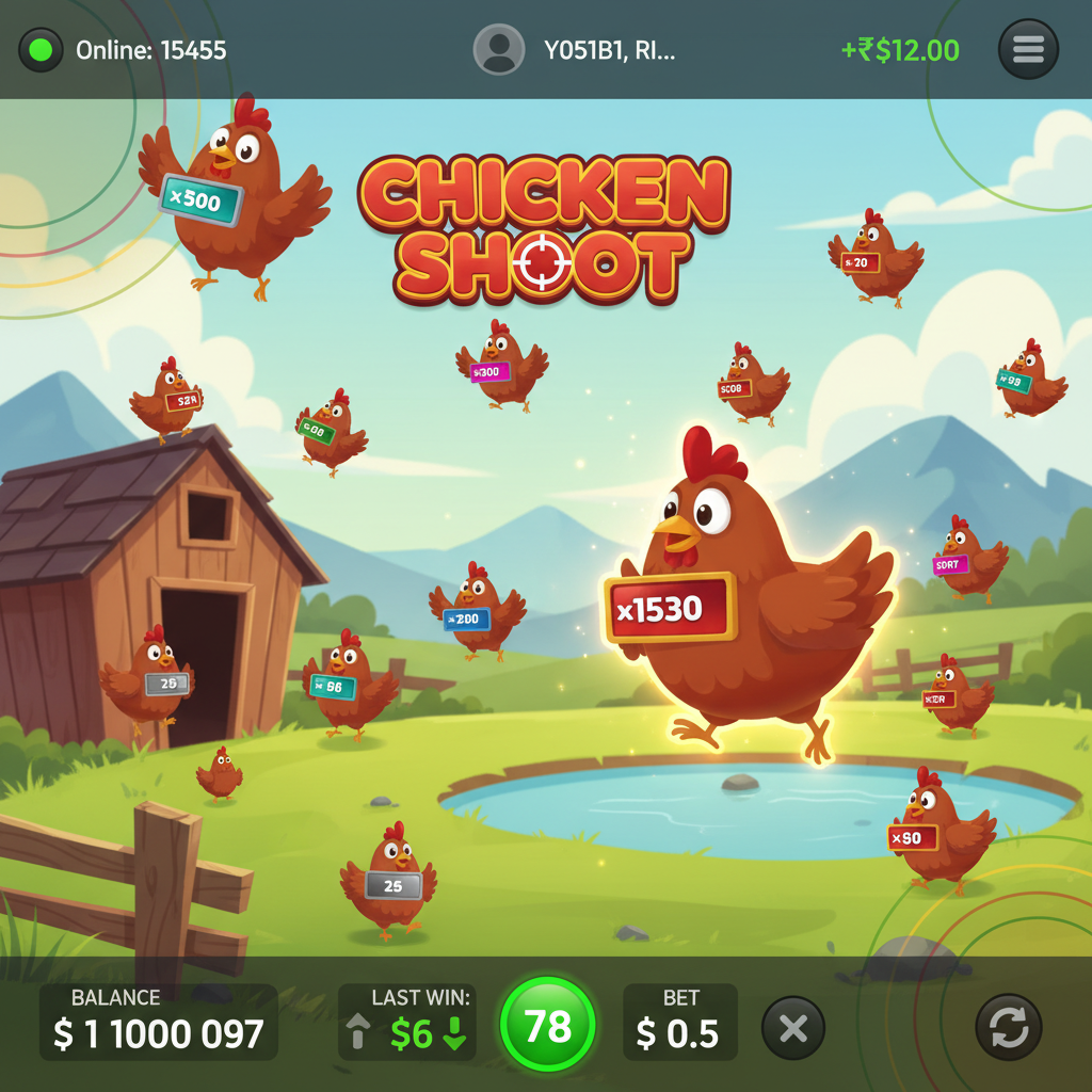 Chicken Shoot Slot von InOut – Bunte Cartoon-Hühner mit Multiplikator-Abzeichen auf einer Farm-Landschaft mit Holzscheune, Zaun und Teich. Hühner tragen verschiedenfarbige Badges von x1.1 bis x48 in grau, grün, blau, rot, pink, orange und dunkelrot.