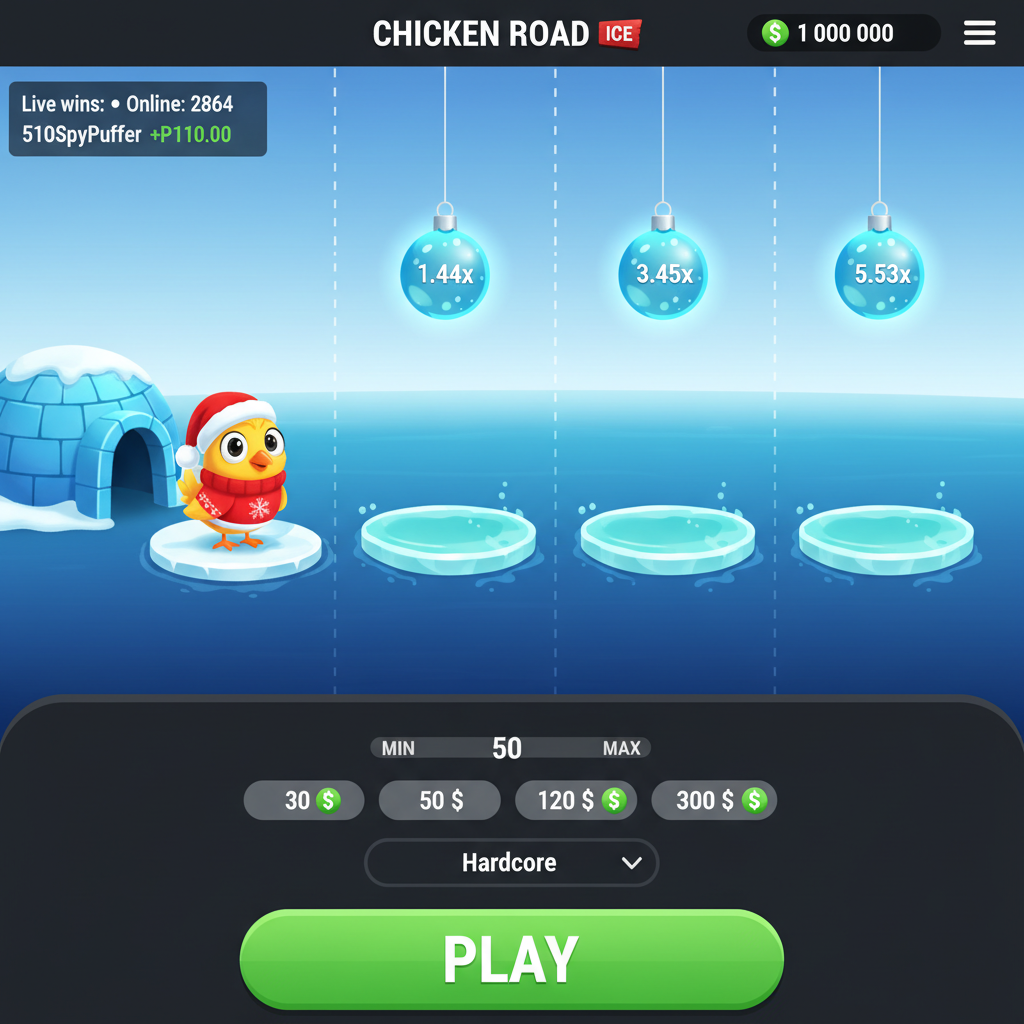Chicken Road Ice Slot – Cartoon-Huhn mit roter Weihnachtsmütze steht auf türkisfarbenen Eisplatten über dunklem Wasser, umgeben von blauen Weihnachtskugel-Multiplikatoren und winterlicher Arktis-Landschaft mit Iglu